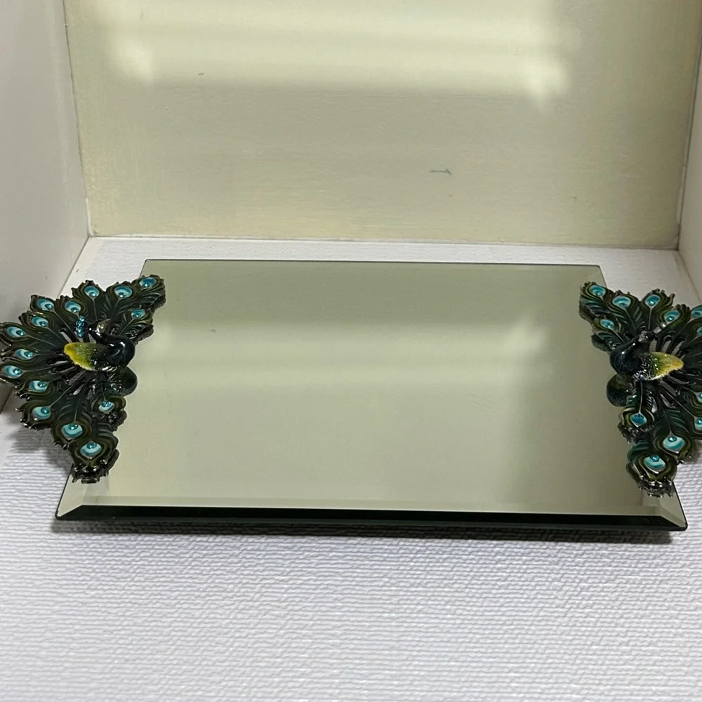 Vintage Enamel Rhinestone Pewter Peacock Mirror Vanity Tray